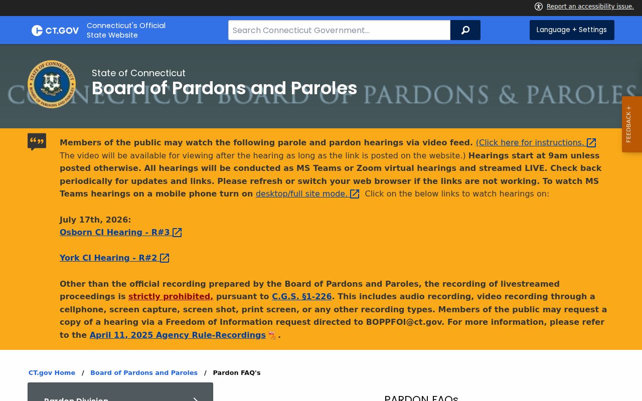 Connecticut Board of Pardons and Paroles absolute pardon information