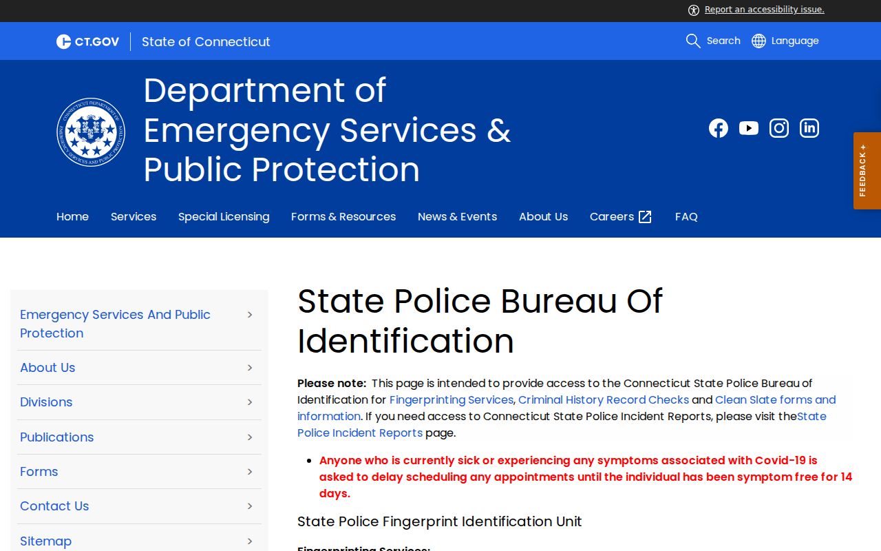Connecticut State Police Bureau of Identification criminal history instructions
