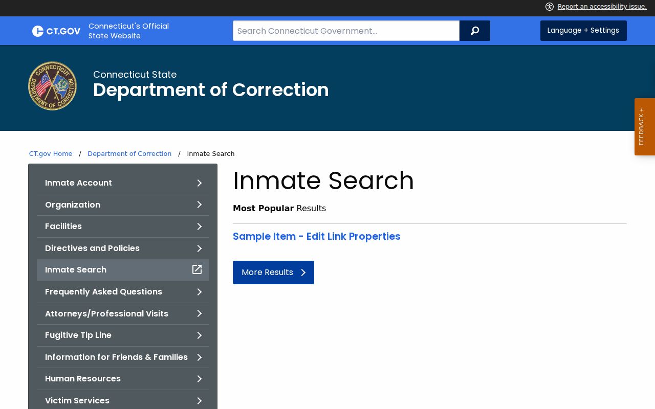 Connecticut Department of Correction inmate search interface