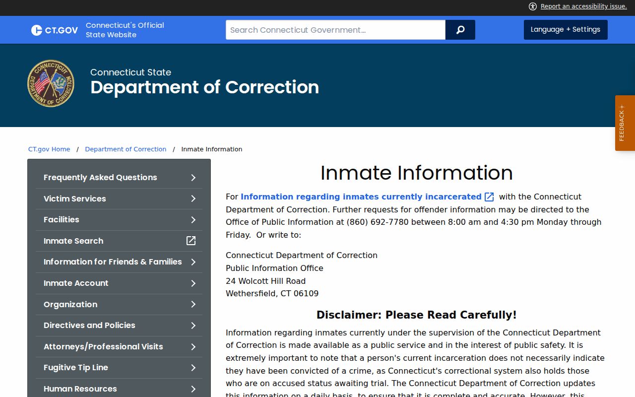 Connecticut DOC inmate information limitations and public contact