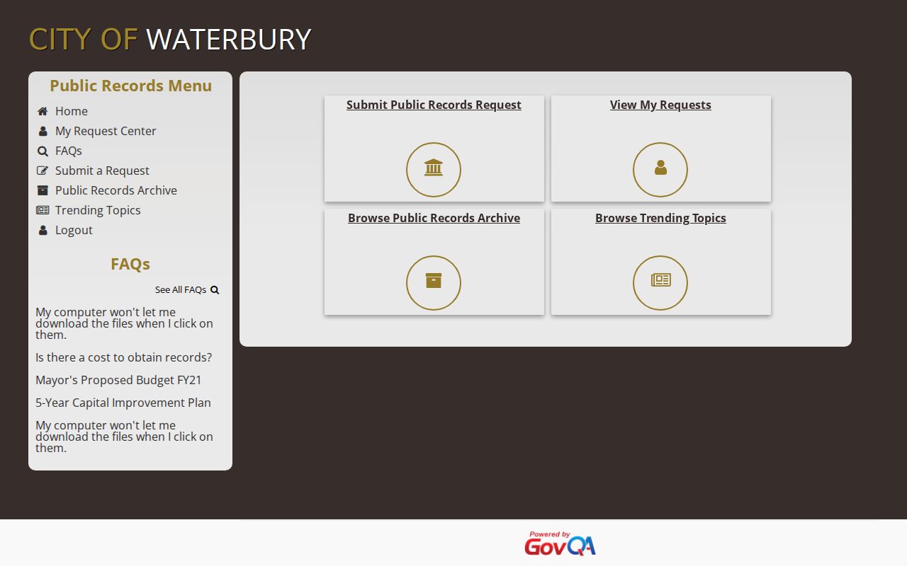 Waterbury criminal history GovQA records request portal
