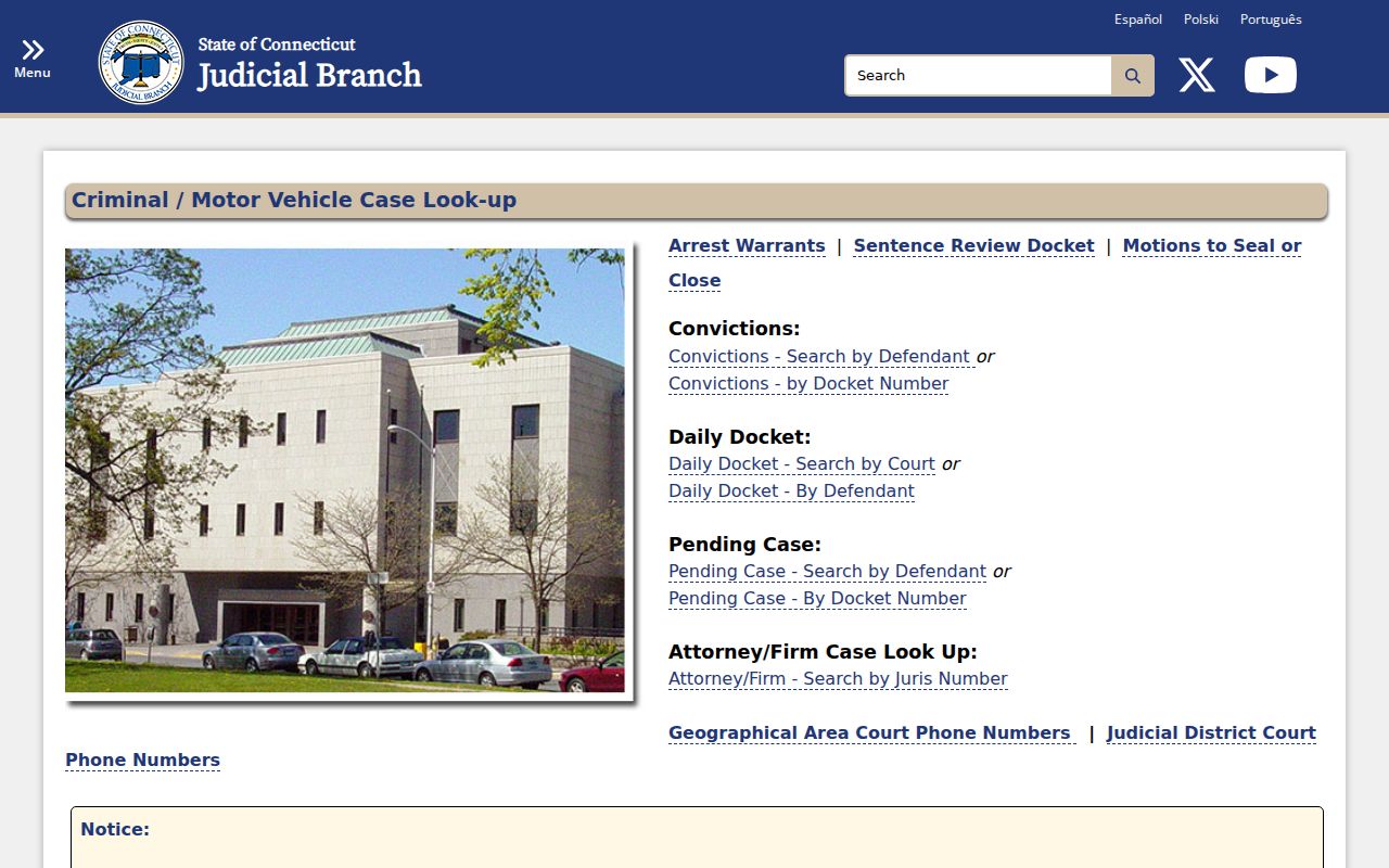 Connecticut criminal and motor vehicle case lookup landing page