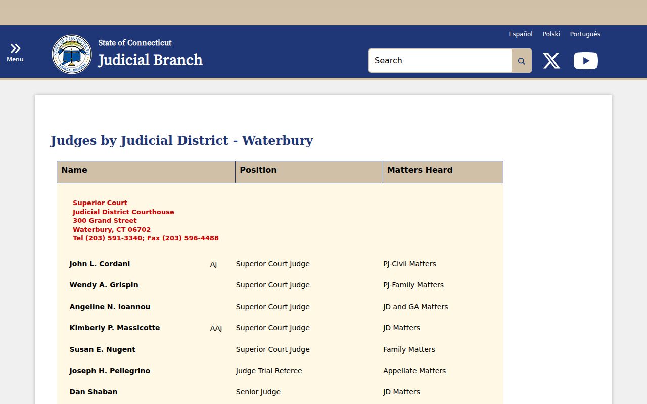 Connecticut Judicial Branch Waterbury G.A. 4 listing