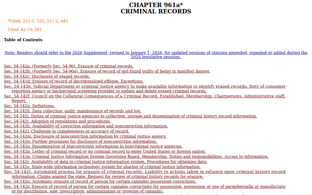 Connecticut criminal record erasure and dissemination statutes relevant to registry checks