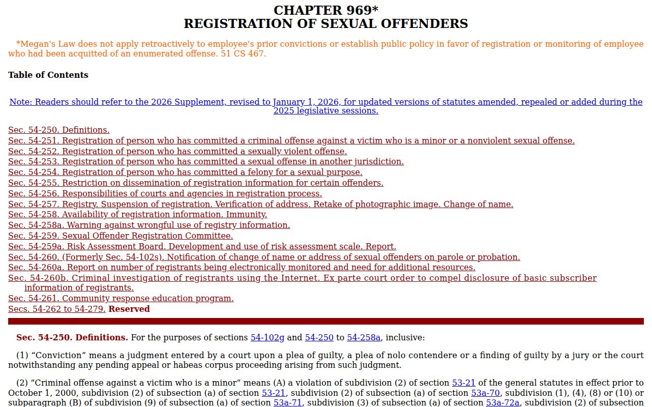 Connecticut General Assembly Chapter 969 sex offender registration law